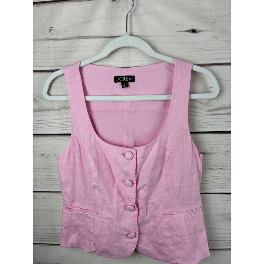 J.Crew Pink 100% Linen Button Front Vest Top Size 2 Scoop Neck Tailored